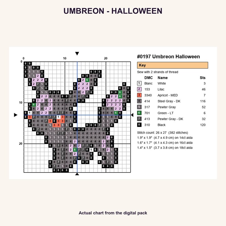 Umbreon Halloween Pokemon cross stitch PNG chart showing numbered stitches, DMC floss key, stitch count and finished sizes for 14, 16 and 18 count Aida.