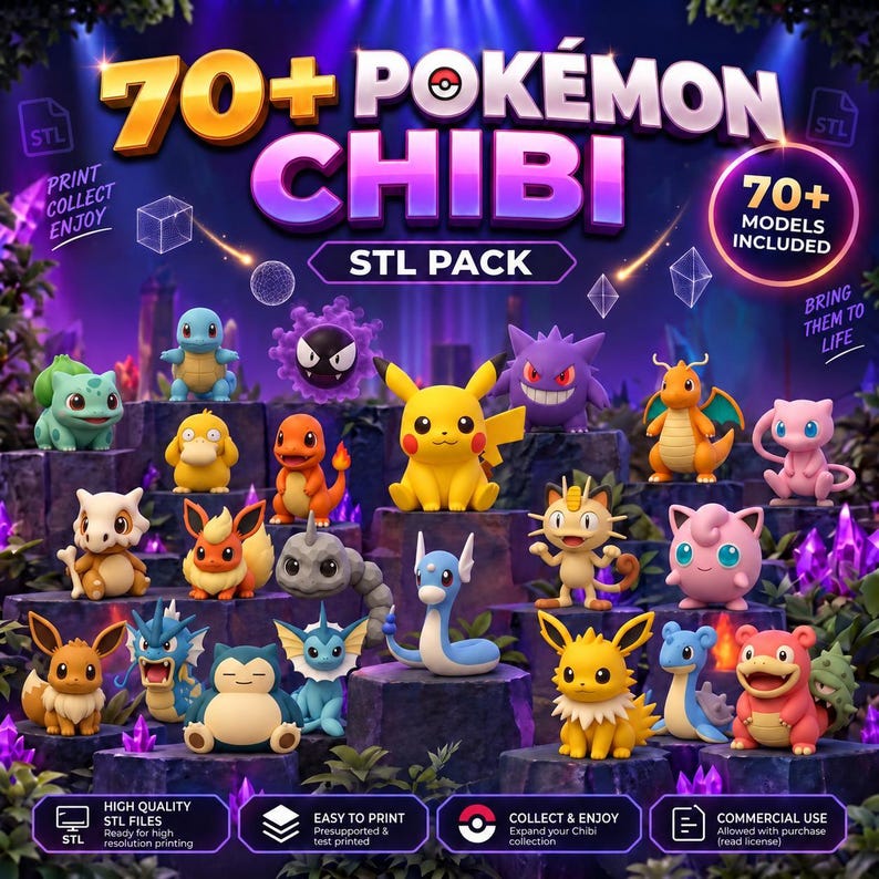 Pokemon Chibi STL pack cover with 70+ models, featuring Pikachu, Bulbasaur, Squirtle, Charmander, Gengar and other Kanto characters on purple stone platforms.