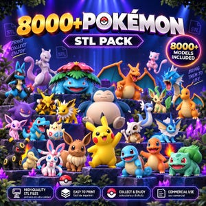 Peut inclure: Une collection numérique de plus de 8000 fichiers STL Pokémon pour l'impression 3D. L'image présente divers modèles de personnages 3D colorés, dont Pikachu, Ronflex, Dracaufeu et Bulbizarre, sur des plateformes rocheuses sombres.
