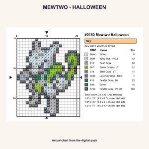Mewtwo Halloween Pokemon cross stitch PNG chart showing numbered stitches, DMC floss key, stitch count and finished sizes for 14, 16 and 18 count Aida.
