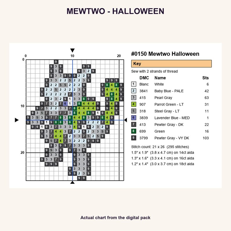 Mewtwo Halloween Pokemon cross stitch PNG chart showing numbered stitches, DMC floss key, stitch count and finished sizes for 14, 16 and 18 count Aida.
