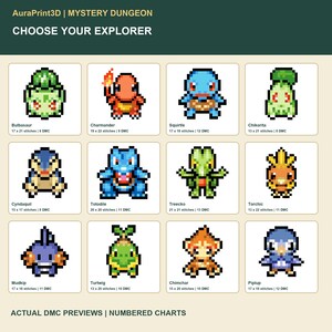 Choose Your Explorer: actual DMC previews of 12 Mystery Dungeon-style motifs, with names, stitch dimensions and thread counts. Individual numbered digital charts.