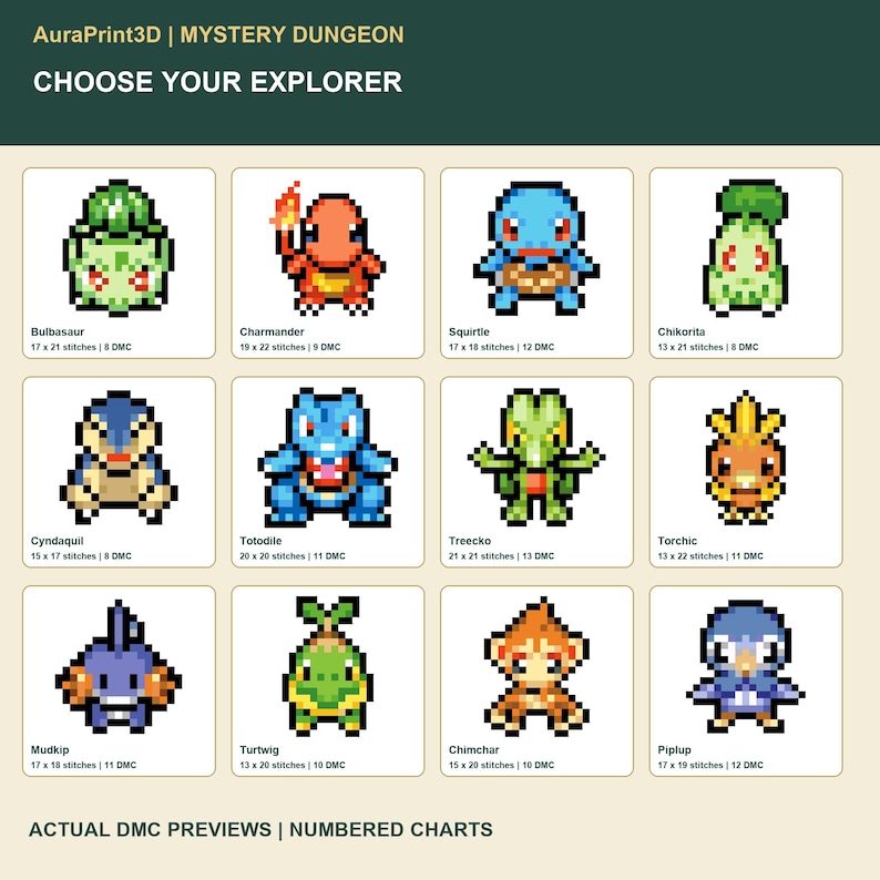 Choose Your Explorer: actual DMC previews of 12 Mystery Dungeon-style motifs, with names, stitch dimensions and thread counts. Individual numbered digital charts.