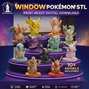 May include: A collection of ten 3D printed Pokémon character figurines displayed on a tiered purple platform. The set includes Pikachu, Charmander, Charizard, Gengar, Squirtle, Bulbasaur, Umbreon, Espeon, Flareon, and Leafeon. Text reads WINDOW POKÉMON STL.