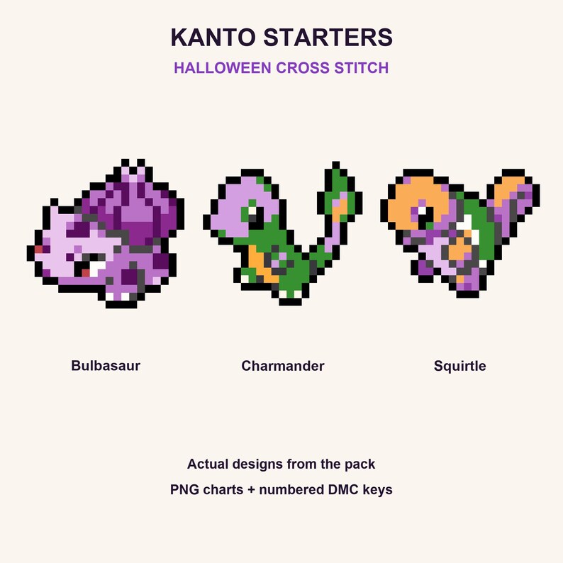 Halloween Pokemon cross stitch designs: Bulbasaur, Charmander, Squirtle. Actual pack previews with purple and orange palettes.
