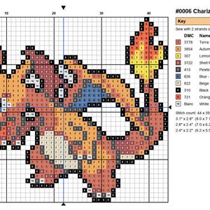 Charizard Pokemon cross stitch pattern chart with DMC color key