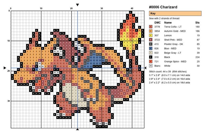 Charizard Pokemon cross stitch pattern chart with DMC color key