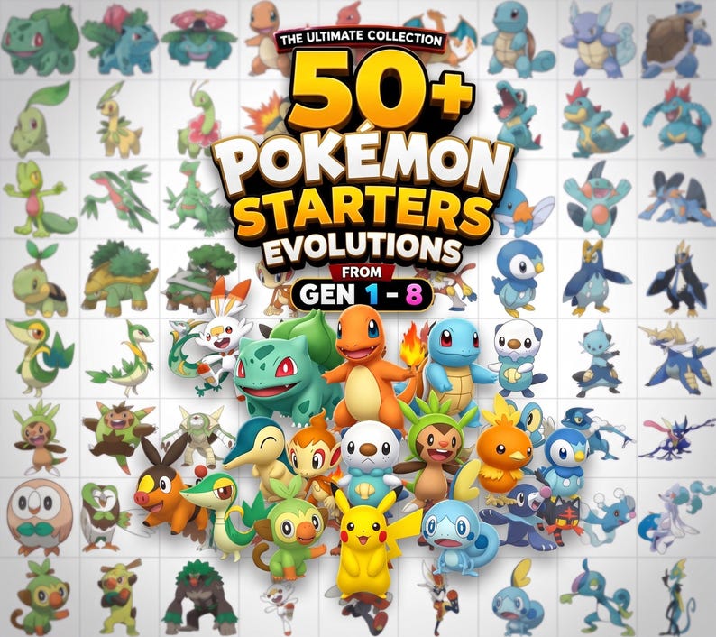 72 Pokemon Starters STL Bundle cover, Gen 1-8 complete evolution lines, commercial license, instant download