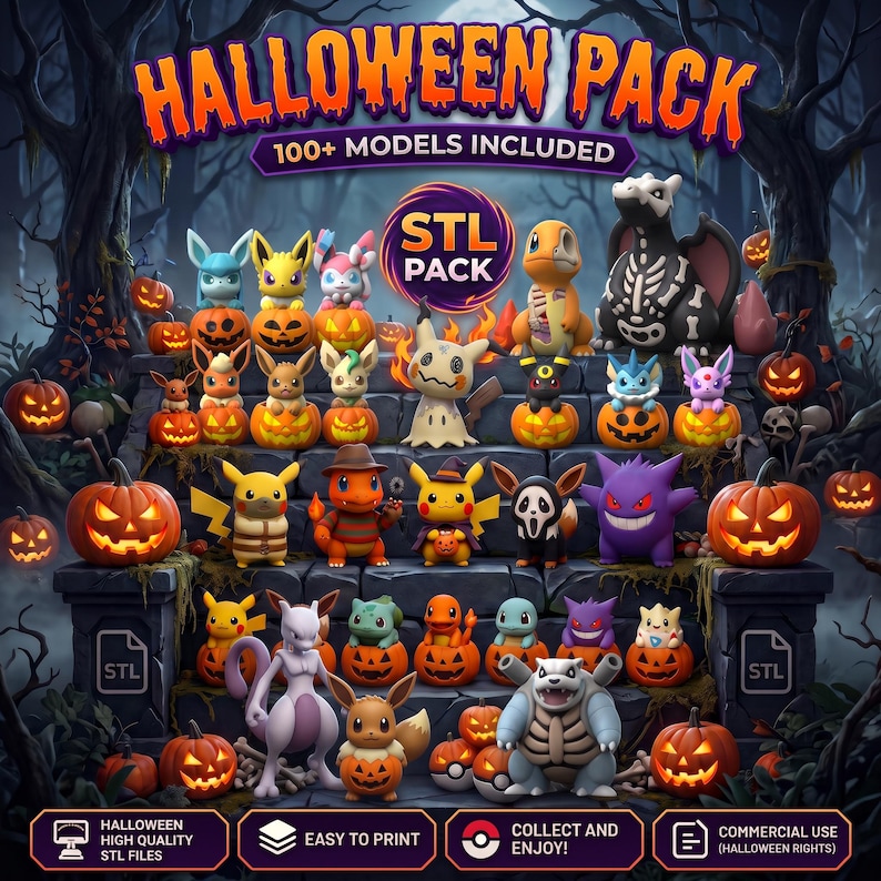 Halloween Pokemon STL Bundle - 127+ spooky 3D printable models, pumpkin and horror designs