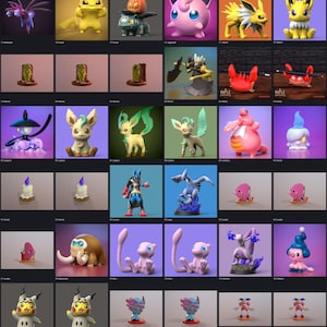 Folder preview of the organized 1200+ Pokemon STL pack, showing Mr. Mime, Ninetales, Pidgeot, Pikachu, Raichu, Rayquaza and more named folders