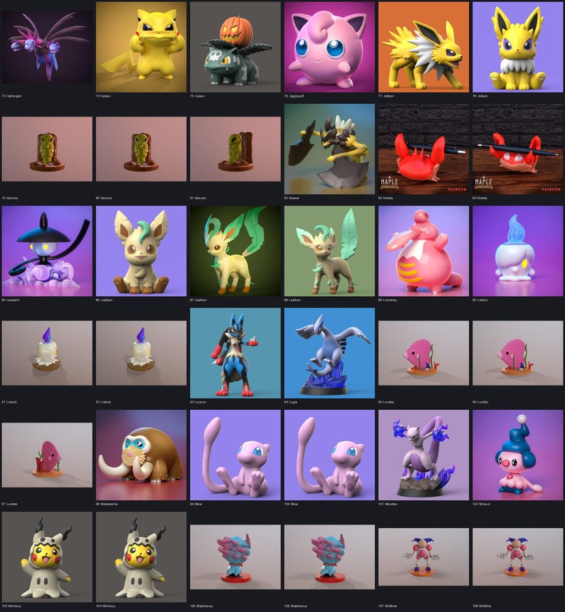 Folder preview of the organized 1200+ Pokemon STL pack, showing Mr. Mime, Ninetales, Pidgeot, Pikachu, Raichu, Rayquaza and more named folders