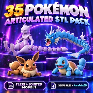 AuraPrint3D Pokemon articulated STL bundle cover: 35 Pokemon, jointed 3D figures and flat flexi designs. Digital files only.