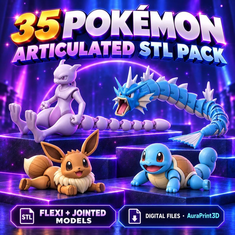 AuraPrint3D Pokemon articulated STL bundle cover: 35 Pokemon, jointed 3D figures and flat flexi designs. Digital files only.