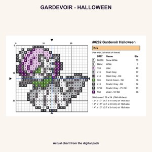 Gardevoir Halloween Pokemon cross stitch PNG chart showing numbered stitches, DMC floss key, stitch count and finished sizes for 14, 16 and 18 count Aida.