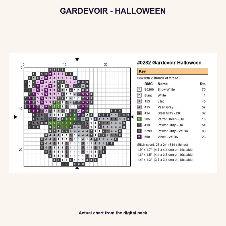 Gardevoir Halloween Pokemon cross stitch PNG chart showing numbered stitches, DMC floss key, stitch count and finished sizes for 14, 16 and 18 count Aida.