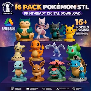 May include: A digital download collection of 16 Pokémon STL files for 3D printing. The image displays various character models including Snorlax, Mewtwo, Mega Charizard, Pikachu, Mimikyu, Charmander, Lugia, Bulbasaur, Squirtle, Eevee, Mega Venusaur, and Blastoise.