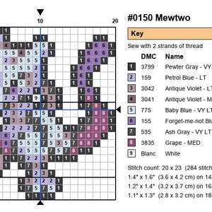 Mewtwo Pokemon cross stitch pattern chart with DMC color key