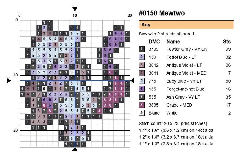 Mewtwo Pokemon cross stitch pattern chart with DMC color key