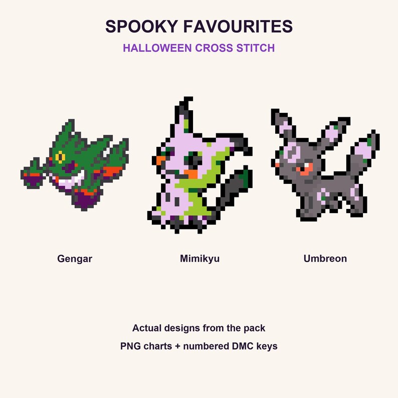 Halloween Pokemon cross stitch designs: Gengar, Mimikyu, Umbreon. Actual pack previews with purple and orange palettes.