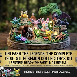 Painted diorama display of 1200+ Pokemon STL collector's kit figures, premium print and paint finish examples