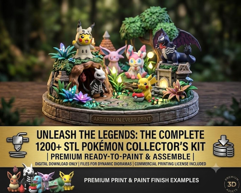 Painted diorama display of 1200+ Pokemon STL collector's kit figures, premium print and paint finish examples