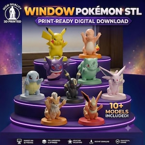 May include: A collection of eight small Pokémon character figurines displayed on a tiered purple circular stand. The figures include Pikachu, Charmander, Gengar, Bulbasaur, Squirtle, Umbreon, Espeon, and Flareon. Text reads WINDOW POKÉMON STL.