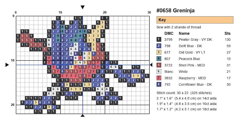 Greninja Pokemon cross stitch pattern chart with DMC color key