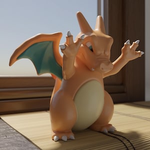 Charizard STL window cling figure sitting against a window, 3D printed Pokemon decoration