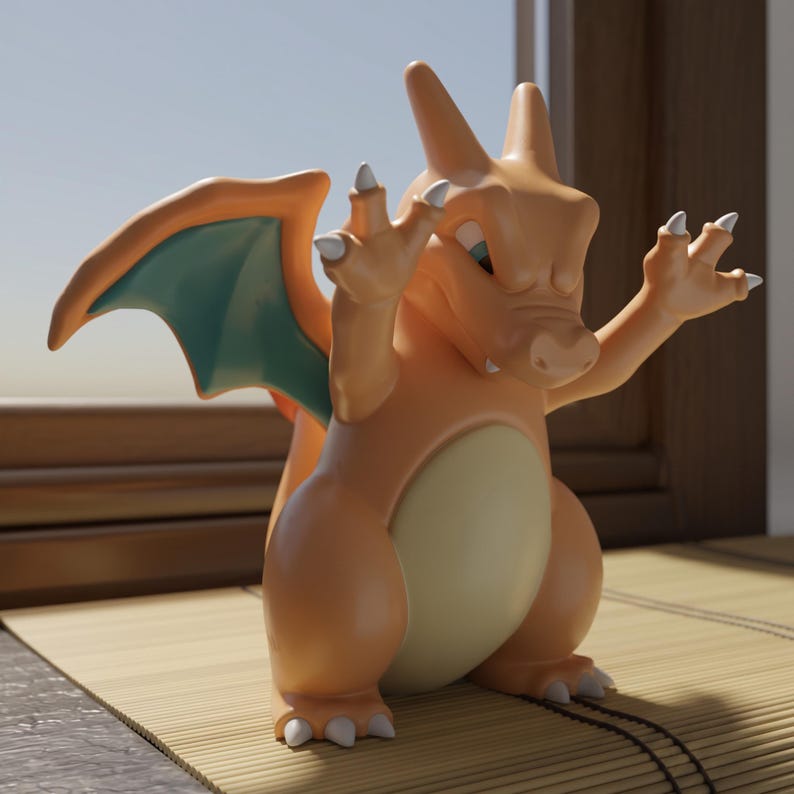 Charizard STL window cling figure sitting against a window, 3D printed Pokemon decoration