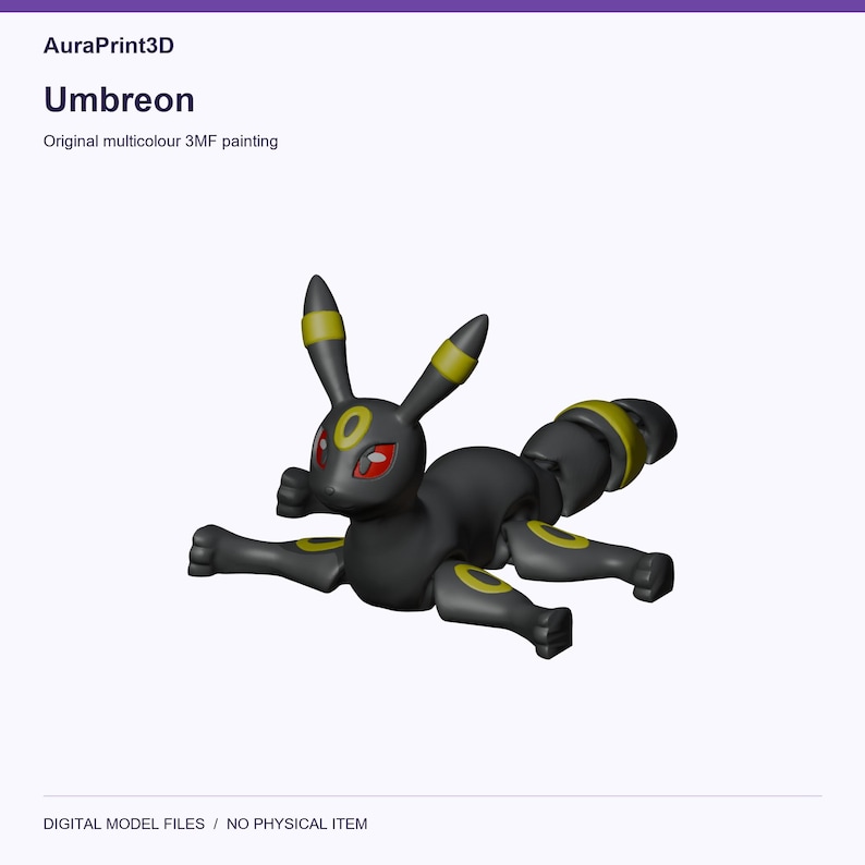 Umbreon actual included 3D model rendered in colour. Colours recovered from its supplied 3MF project.
