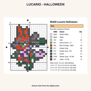 Lucario Halloween Pokemon cross stitch PNG chart showing numbered stitches, DMC floss key, stitch count and finished sizes for 14, 16 and 18 count Aida.
