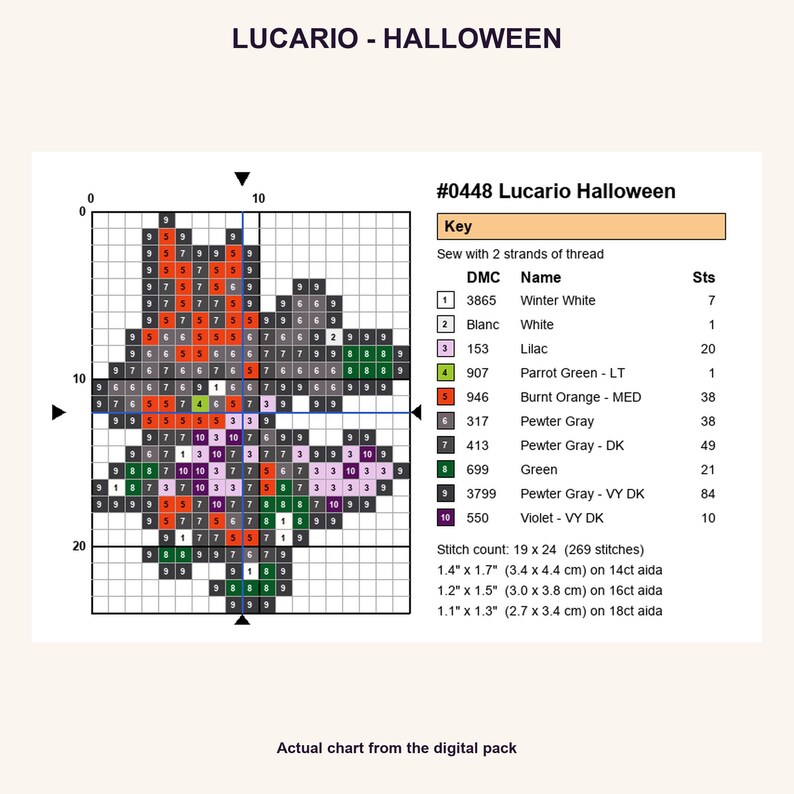 Lucario Halloween Pokemon cross stitch PNG chart showing numbered stitches, DMC floss key, stitch count and finished sizes for 14, 16 and 18 count Aida.