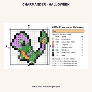 Charmander Halloween Pokemon cross stitch PNG chart showing numbered stitches, DMC floss key, stitch count and finished sizes for 14, 16 and 18 count Aida.