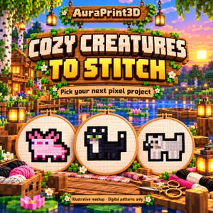 Illustrative Minecraft cross stitch scene beside a sunset lake: pink axolotl, black cat and gray wolf motifs in embroidery hoops. AuraPrint3D digital PNG patterns with numbered DMC keys; no physical supplies.