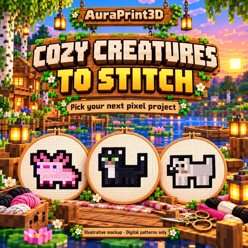 Illustrative Minecraft cross stitch scene beside a sunset lake: pink axolotl, black cat and gray wolf motifs in embroidery hoops. AuraPrint3D digital PNG patterns with numbered DMC keys; no physical supplies.