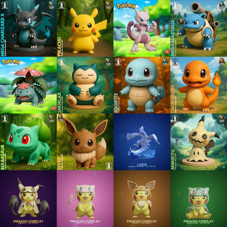 Mega Charizard X, Pikachu, Mewtwo and Mega Blastoise STL figures, 3D printable Pokemon models