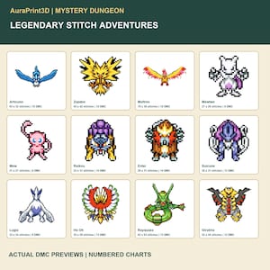 Legendary Stitch Adventures: actual DMC previews of 12 Mystery Dungeon-style motifs, with names, stitch dimensions and thread counts. Individual numbered digital charts.