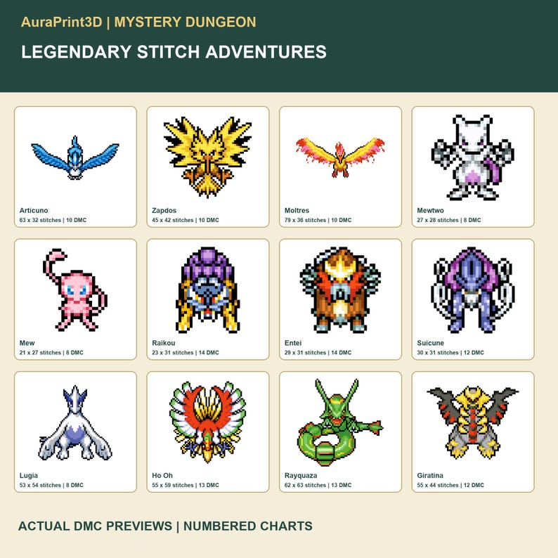 Legendary Stitch Adventures: actual DMC previews of 12 Mystery Dungeon-style motifs, with names, stitch dimensions and thread counts. Individual numbered digital charts.