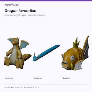 Dragon favourites: Dragonite, Dragonair, Magikarp. Real model renders using colours from included 3MF projects.