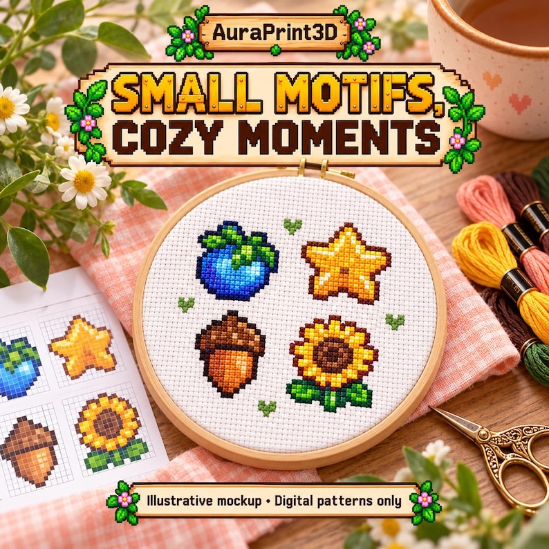 Illustrative small motif stitching ideas with fruit, acorn and sunflower. Finished sizes vary by chart.