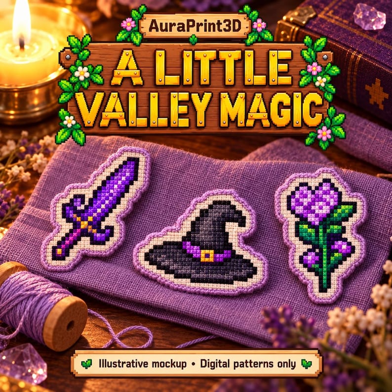 Illustrative fantasy-themed stitching ideas featuring Galaxy Sword, Witch Hat and Fairy Rose.