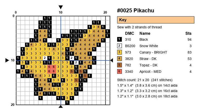 Pikachu Pokemon cross stitch pattern chart with DMC color key