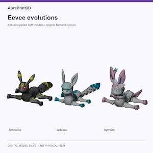 Eevee evolutions: Umbreon, Glaceon, Sylveon. Real model renders using colours from included 3MF projects.