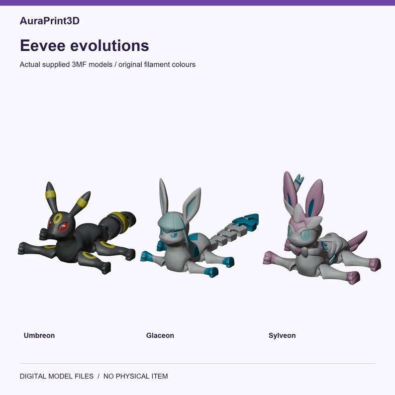 Eevee evolutions: Umbreon, Glaceon, Sylveon. Real model renders using colours from included 3MF projects.