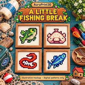 Illustrative fish embroidery sampler featuring Legend, Blobfish, Lava Eel and Albacore.