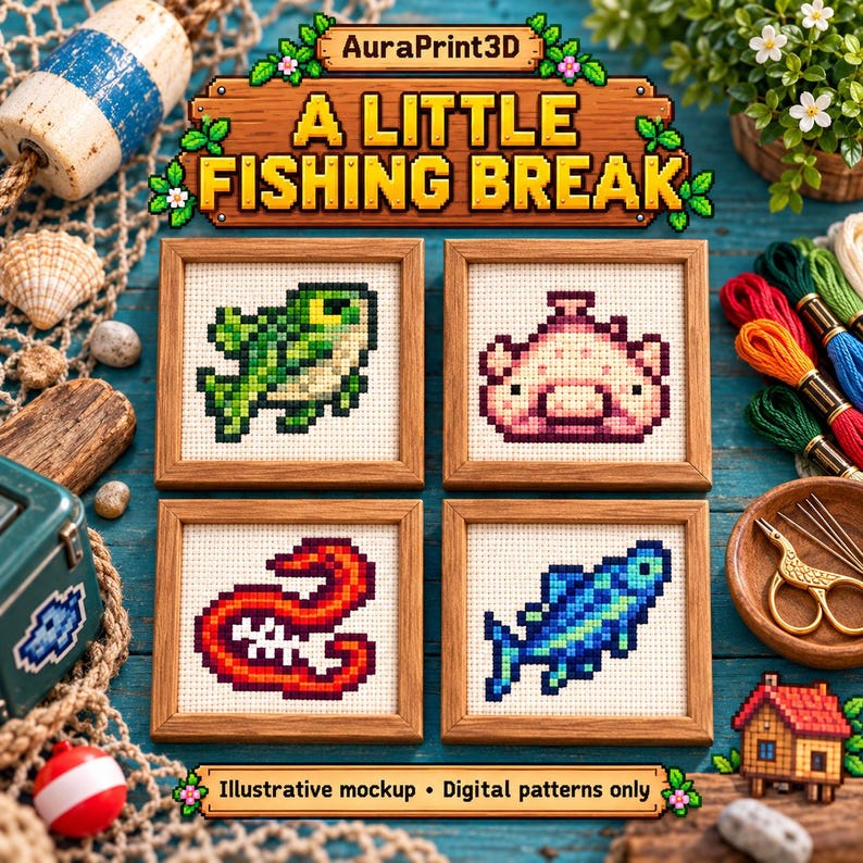 Illustrative fish embroidery sampler featuring Legend, Blobfish, Lava Eel and Albacore.