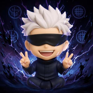 May include: A chibi figure with spiky white hair and a black blindfold, wearing a dark blue outfit. The figure is making a peace sign with both hands. The background has blue lightning and circular symbols.