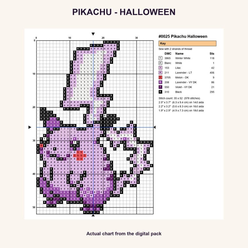 Pikachu Halloween Pokemon cross stitch PNG chart showing numbered stitches, DMC floss key, stitch count and finished sizes for 14, 16 and 18 count Aida.