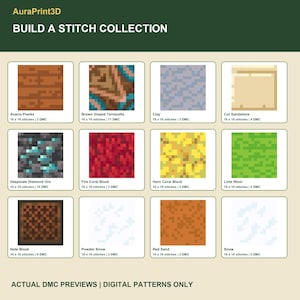 Build A Stitch Collection: twelve actual numbered DMC motif previews from the Minecraft cross stitch pack. Pixel diagrams with stitch dimensions and DMC color counts; digital patterns, no supplies.