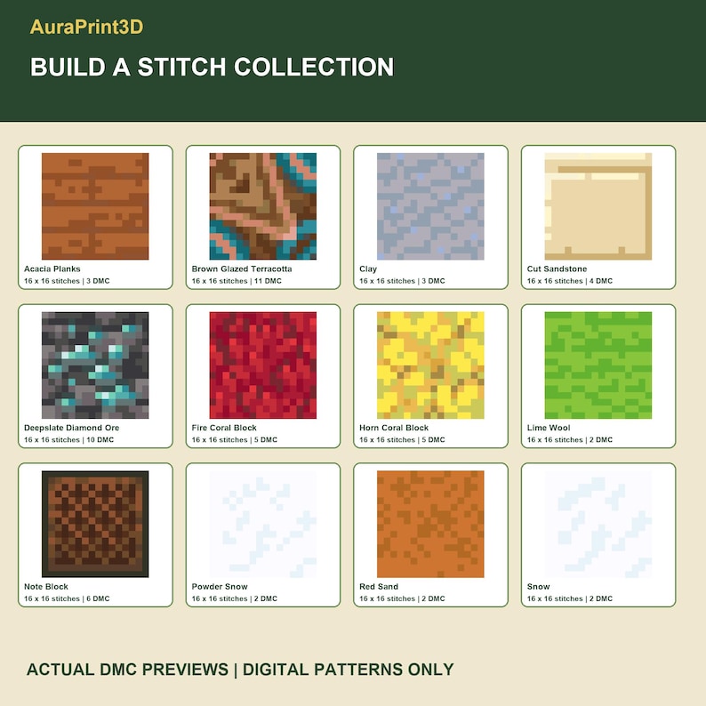 Build A Stitch Collection: twelve actual numbered DMC motif previews from the Minecraft cross stitch pack. Pixel diagrams with stitch dimensions and DMC color counts; digital patterns, no supplies.